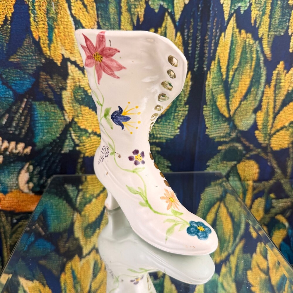 Vintage 6.5" Multicolor Ceramic Victorian Boot Vase Floral Gold Eyelets
